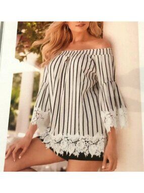 MUCHE MUCHETTE- WOMENS WHITE/BLACK STRIPPED OFF THE SHOULDER TOP SIZE XS-S -NWOT